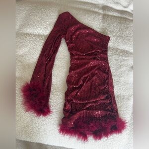 Red sequins one shoulder mini dress with faux feathers never worn